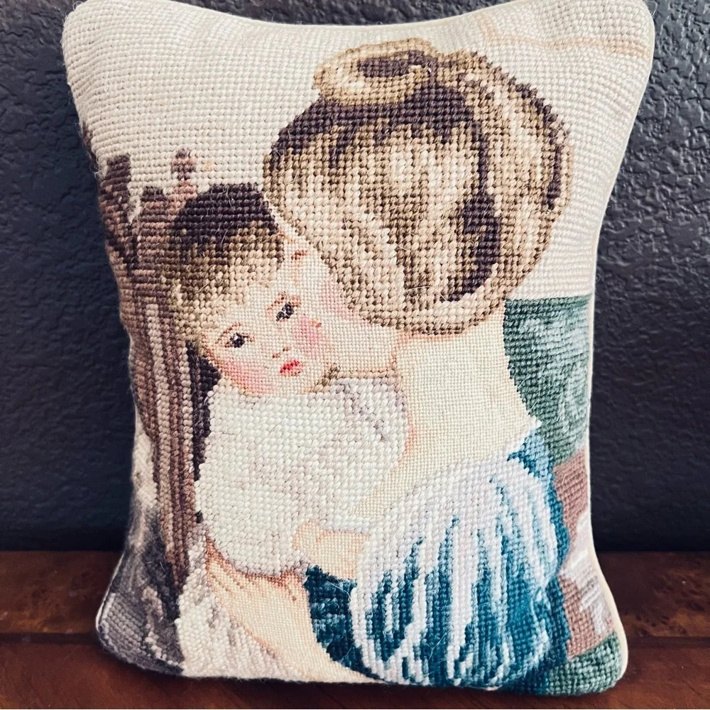 Vtg Wool Needlepoint Petit Point Pillow Mother Child Velvet Lillian Vernon.